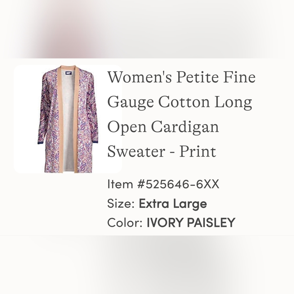 LAND'S END Ivory Paisley Women's Petite Cardigan Sweater Size XLP
